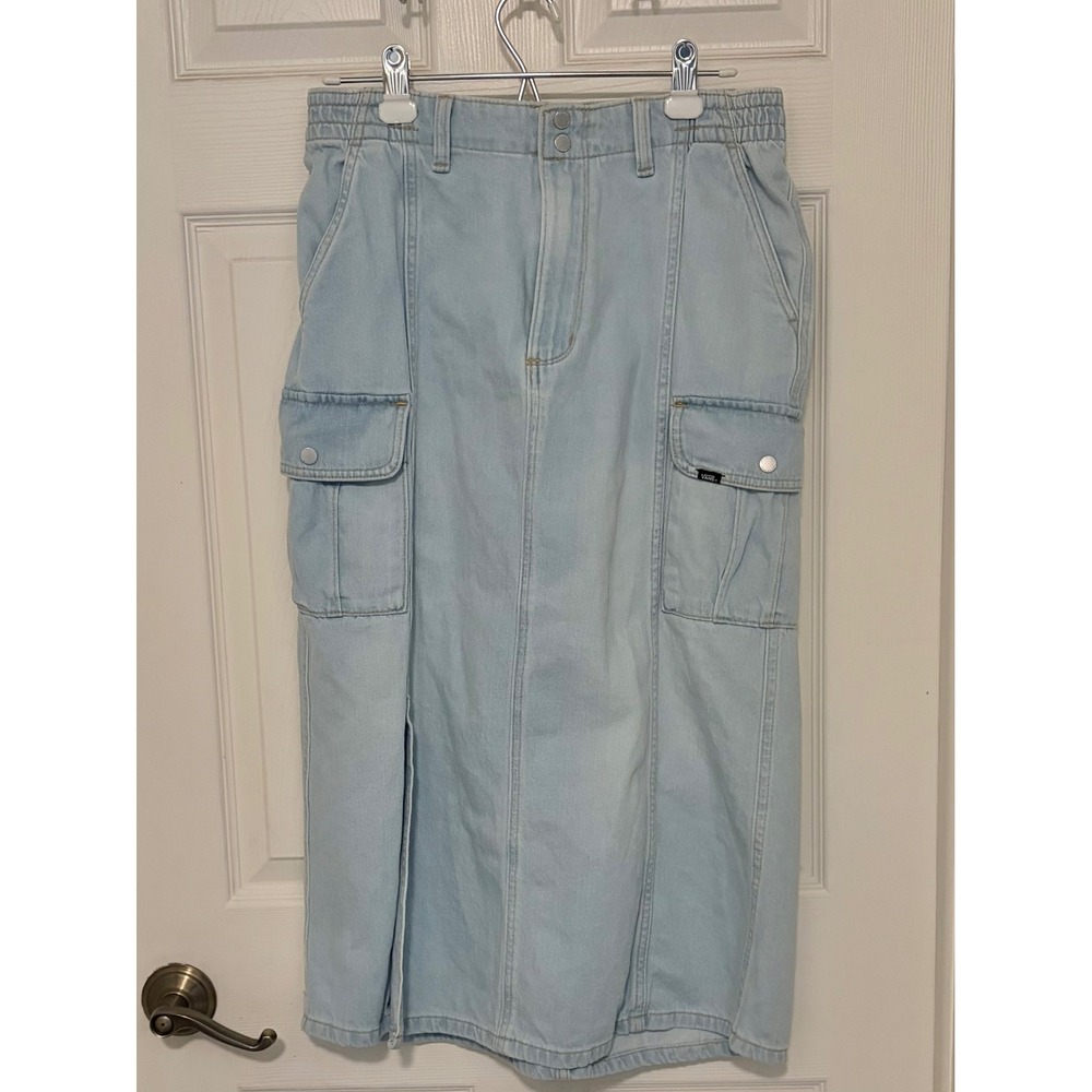 Vans Denim Cargo Midi Skirt Light Wash Utility Pockets Streetwear Y2K Style Sz M